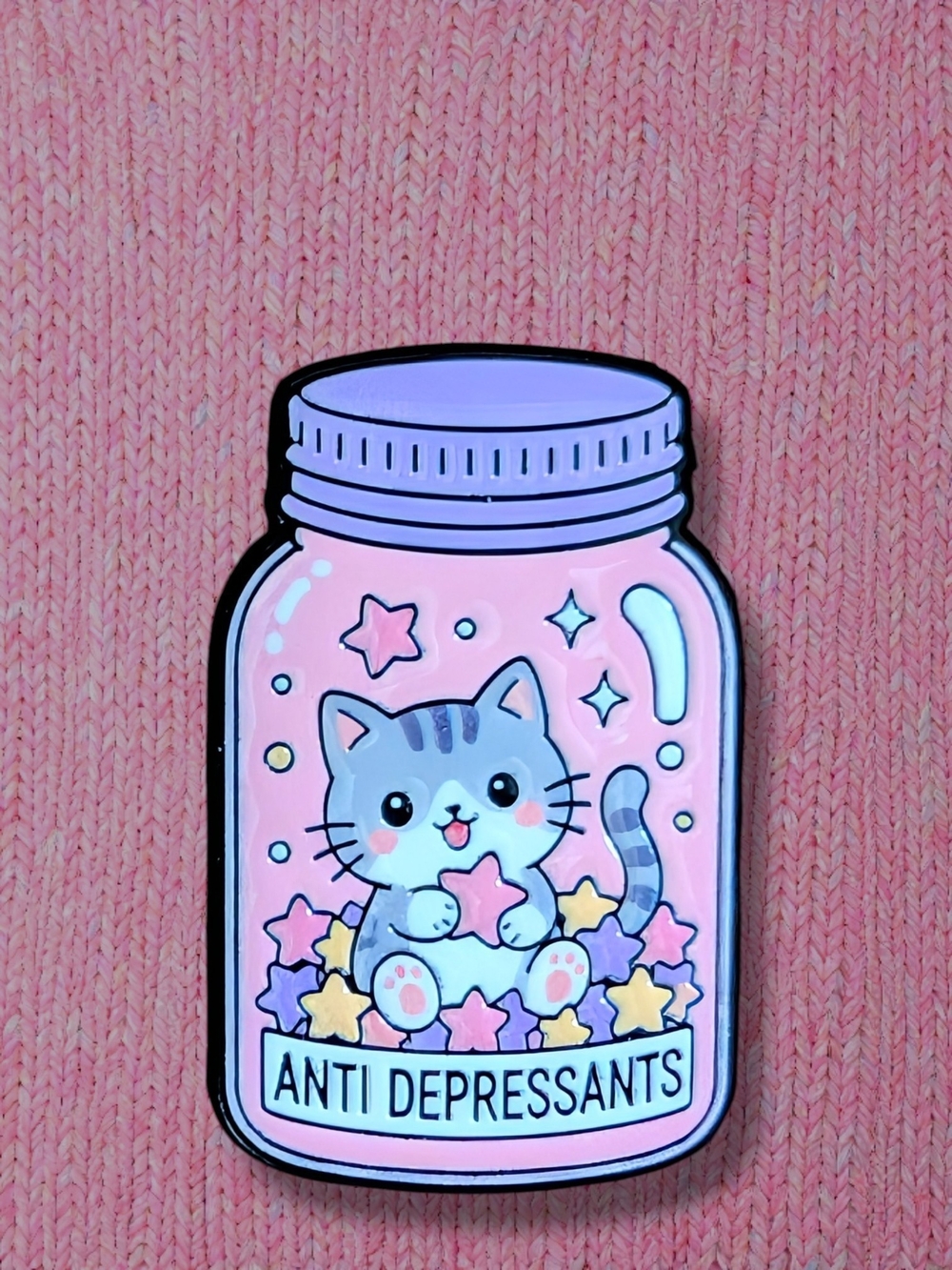 'Anti Depressants' Cat Enamel Pin - Cute Pin & Purple Jar Design